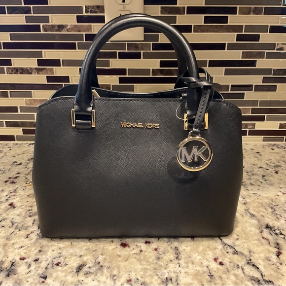 Michael Kors Black Leather Satchel with Gold Accents - Picture 1 of 8